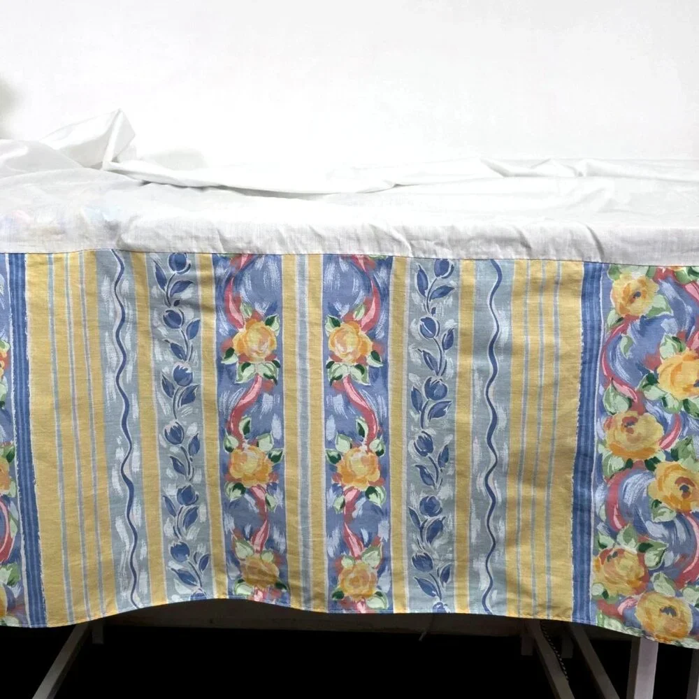 Vintage Croscill Fiesta Bed Skirt Queen Size Floral Striped Yellow Blue Roses